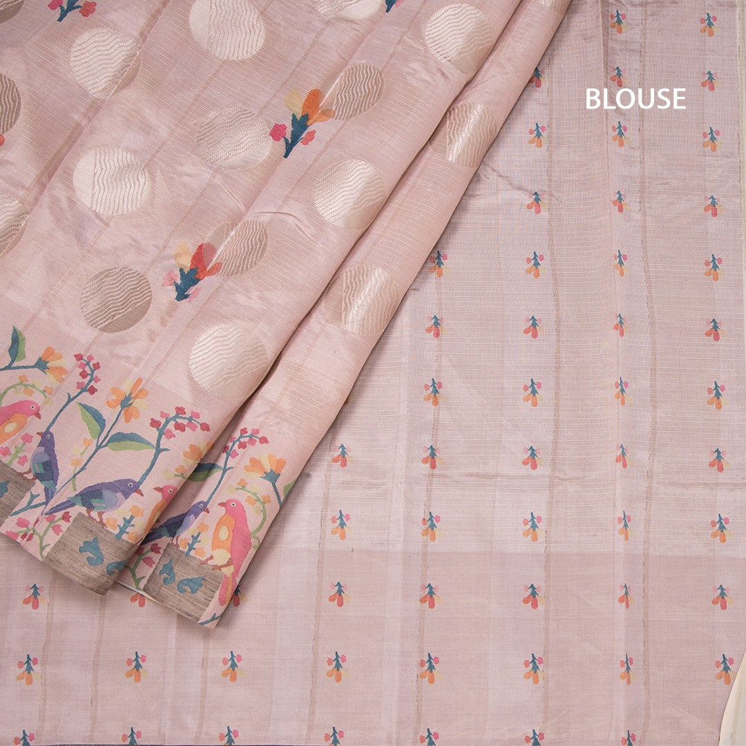 Semi Raw Silk Light Pink Saree With Zari Buttas And Printed Border