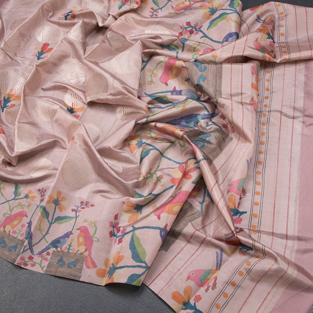 Semi Raw Silk Light Pink Saree With Zari Buttas And Printed Border