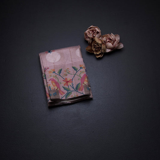 Semi Raw Silk Light Pink Saree With Zari Buttas And Printed Border