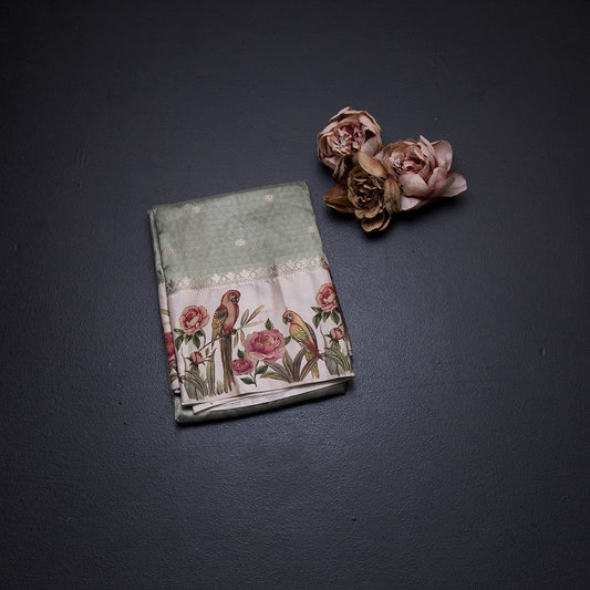 Semi Raw Silk Light Pista Green Saree With Zari Buttas And Printed Border 02