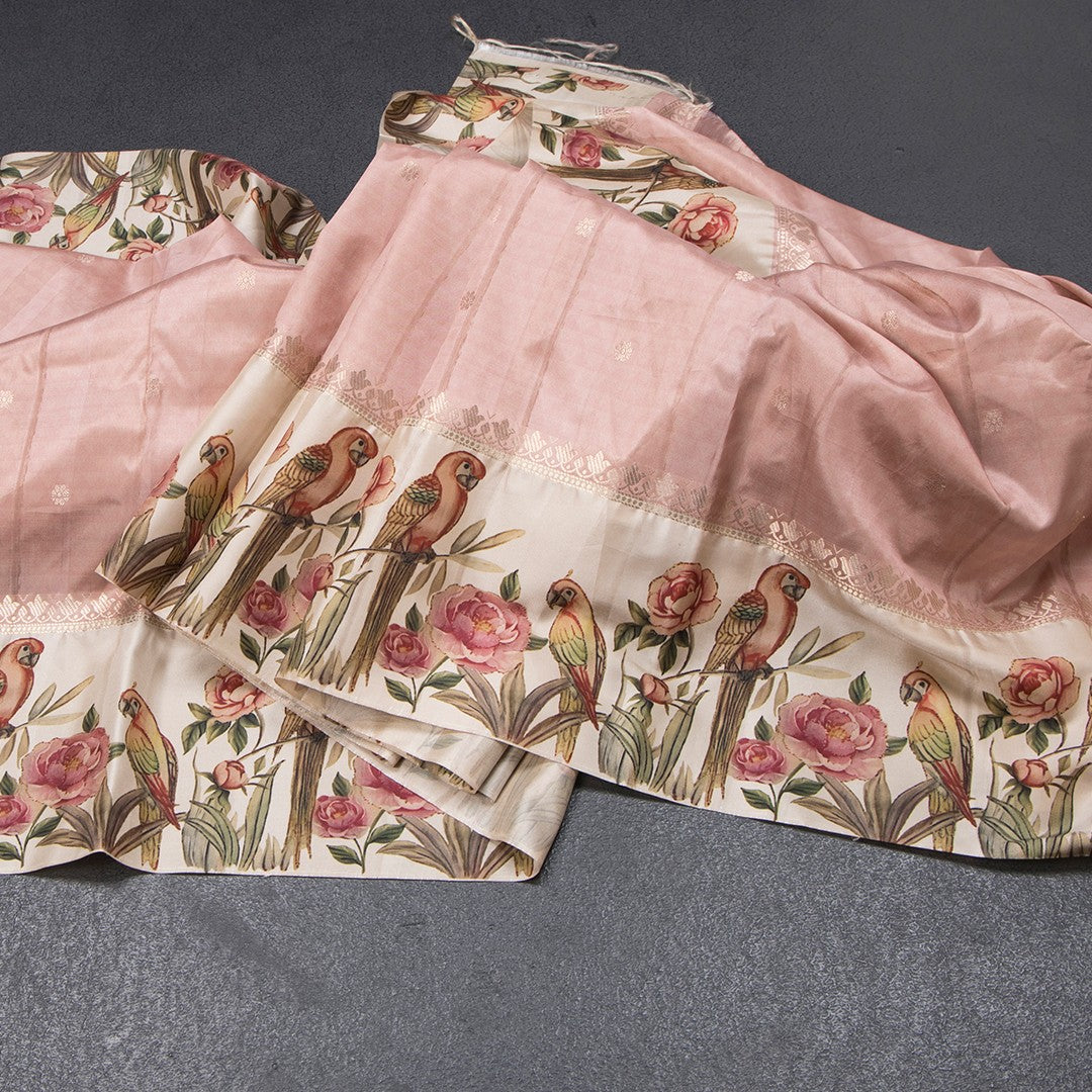 Semi Raw Silk Light Pink Saree With Zari Buttas And Printed Border 02