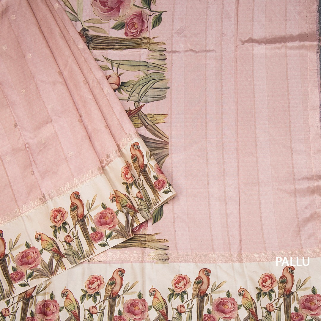 Semi Raw Silk Light Pink Saree With Zari Buttas And Printed Border 02