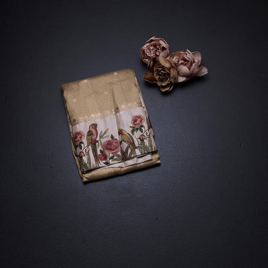 Semi Raw Silk Golden Brown Saree With Zari Buttas And Printed Border