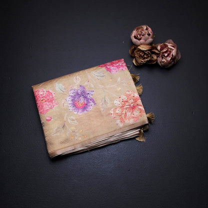 Raw Silk Sandal Zari stripes Saree And Printed Sequence Work