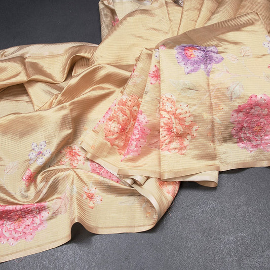 Raw Silk Sandal Zari stripes Saree And Printed Sequence Work