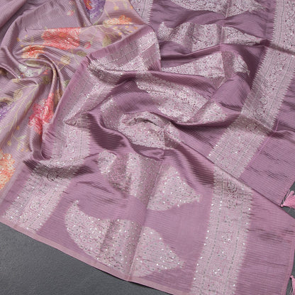 Raw Silk Onion Pink Zari stripes Saree And Printed Sequence Work