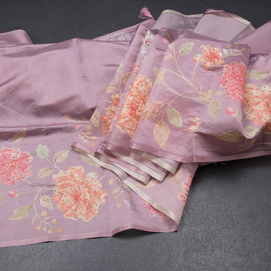 Raw Silk Onion Pink Zari stripes Saree And Printed Sequence Work