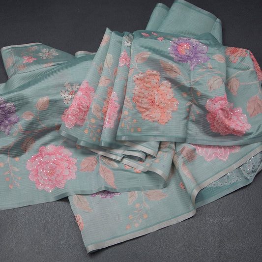 Raw Silk Powder Blue Zari stripes Saree And Printed Sequence Work