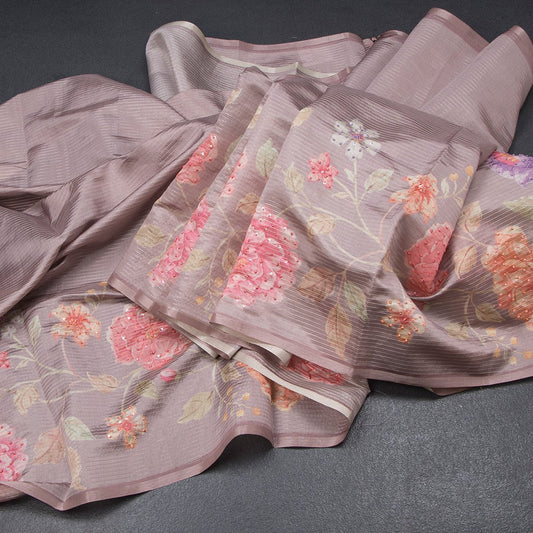 Raw Silk Brown Zari stripes Saree And Printed Sequence Work