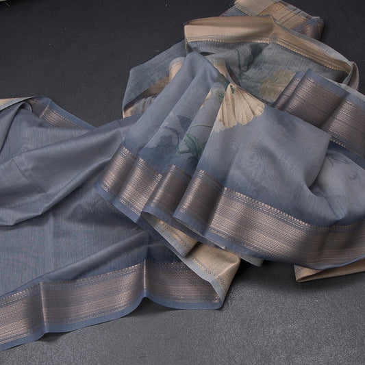 Semi Linen Greyish Blue Floral Printed Saree With Zari Border