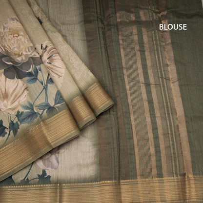 Semi Linen Olive Green Floral Printed Saree With Zari Border 02