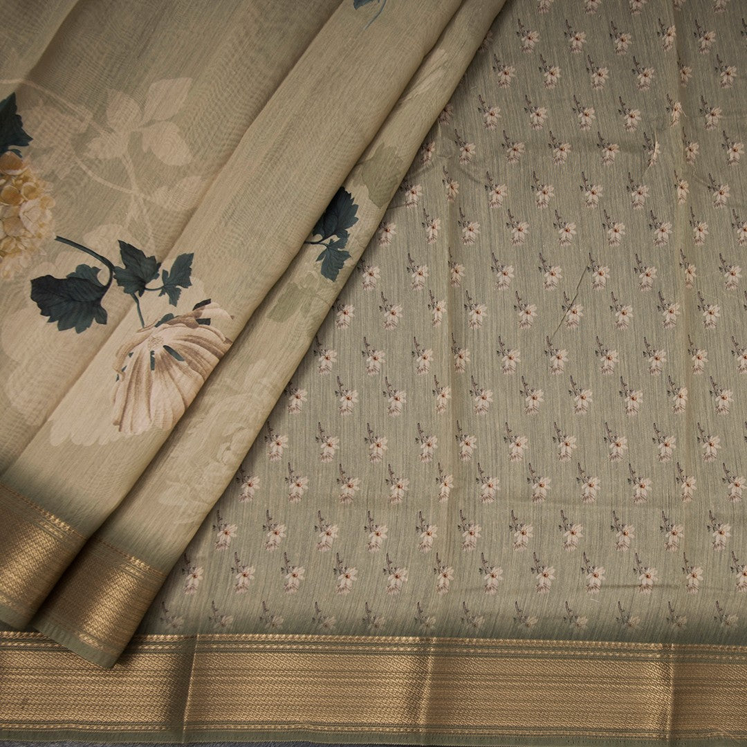Semi Linen Olive Green Floral Printed Saree With Zari Border 02