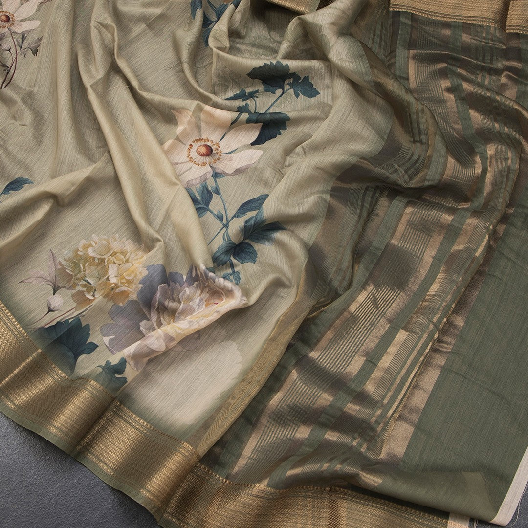 Semi Linen Olive Green Floral Printed Saree With Zari Border 02