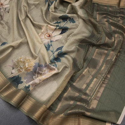 Semi Linen Olive Green Floral Printed Saree With Zari Border 02