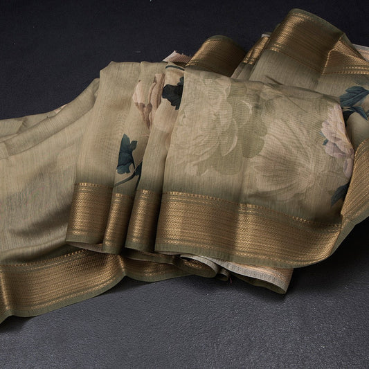 Semi Linen Olive Green Floral Printed Saree With Zari Border 02