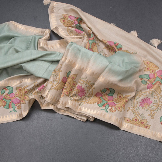 Tussar Pista Green Plain Saree With Temple Border