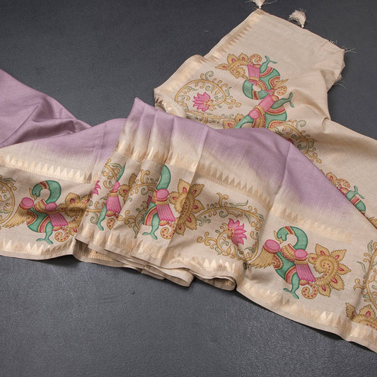 Tussar Lavender Plain Saree With Temple Border
