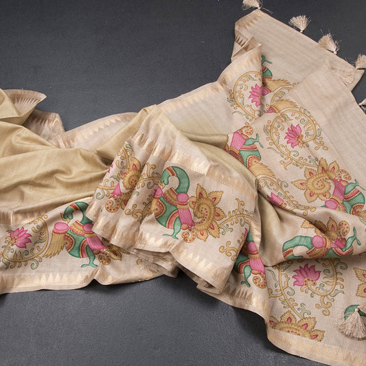 Tussar Pastel Yellow Plain Saree With Temple Border