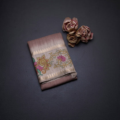 Tussar Light Brown Plain Saree With Temple Border