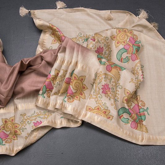 Tussar Light Brown Plain Saree With Temple Border