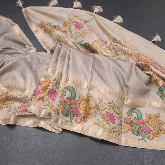 Tussar Light Grey Plain Saree With Temple Border