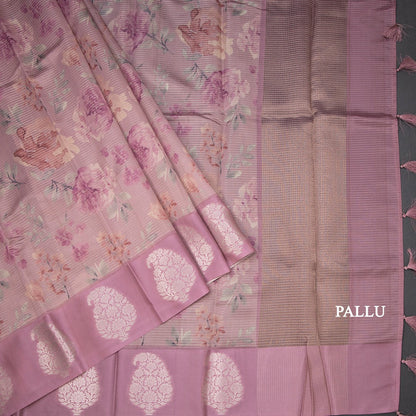 Raw Silk Onion Pink Zari Stripes With Floral Printed Saree