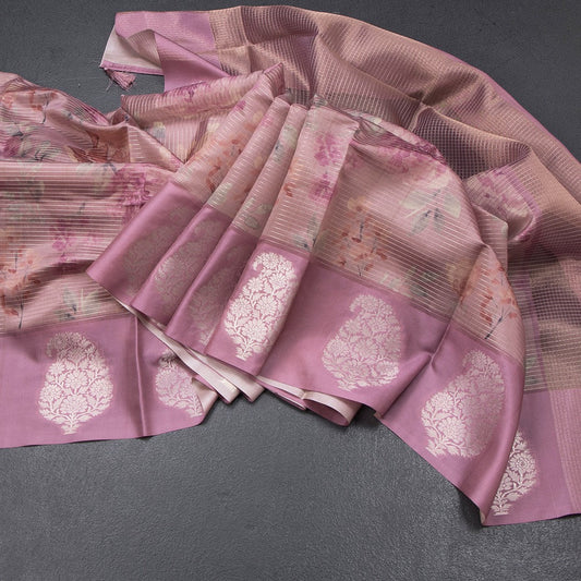 Raw Silk Onion Pink Zari Stripes With Floral Printed Saree