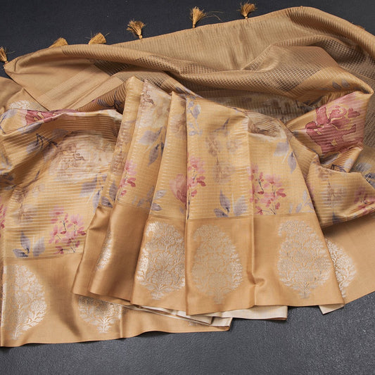 Raw Silk Sandal Zari Stripes With Floral Printed Saree