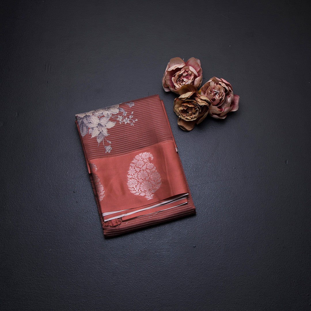 Raw Silk Brick Red Zari Stripes With Floral Printed Saree