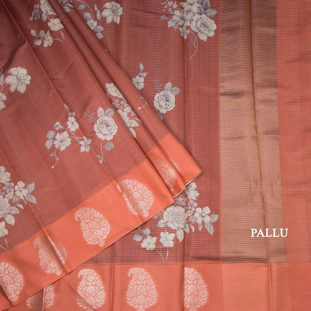 Raw Silk Brick Red Zari Stripes With Floral Printed Saree