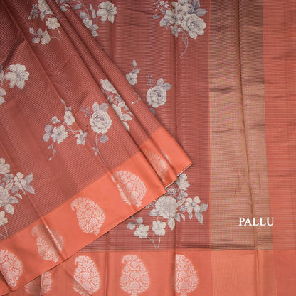 Raw Silk Brick Red Zari Stripes With Floral Printed Saree
