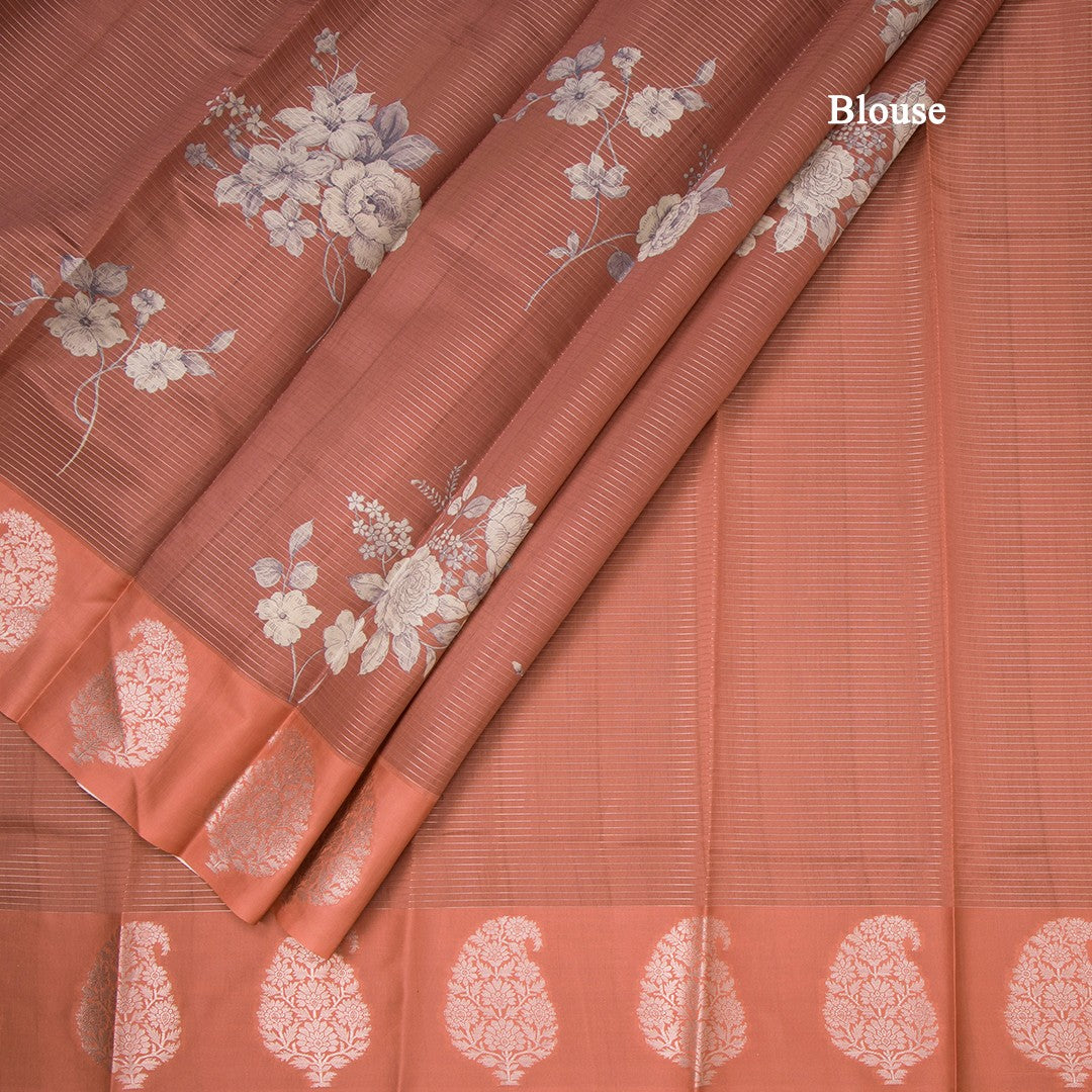 Raw Silk Brick Red Zari Stripes With Floral Printed Saree