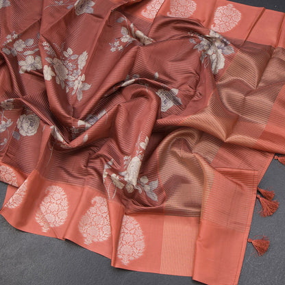Raw Silk Brick Red Zari Stripes With Floral Printed Saree