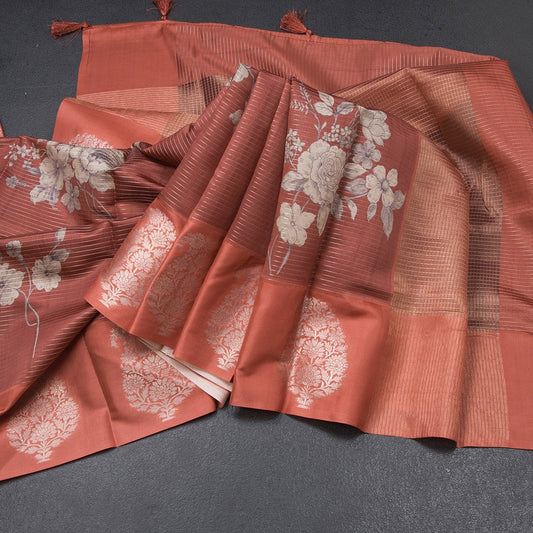 Raw Silk Brick Red Zari Stripes With Floral Printed Saree