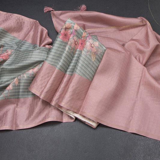 Raw Silk Pista Green Stripes Printed Saree With Zari Checks Border