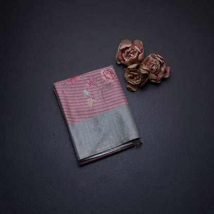Raw Silk Onion Pink Stripes Printed Saree With Zari Checks Border 03