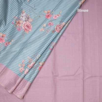 Raw Silk Light Blue Stripes Printed Saree With Zari Checks Border