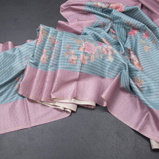 Raw Silk Light Blue Stripes Printed Saree With Zari Checks Border