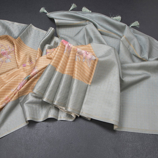 Raw Silk Mustard Yellow Stripes Printed Saree With Zari Checks Border