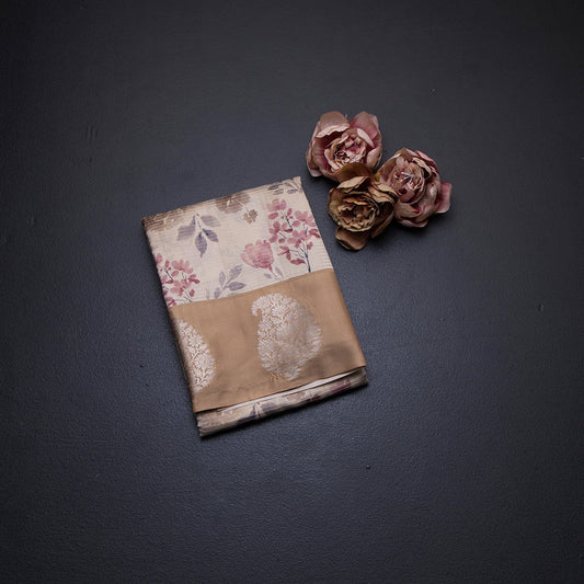 Raw Silk Cream Zari Stripes With Floral Printed Saree 03