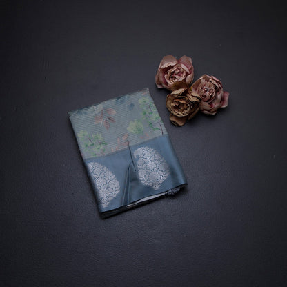 Raw Silk Sage Green Zari Stripes With Floral Printed Saree