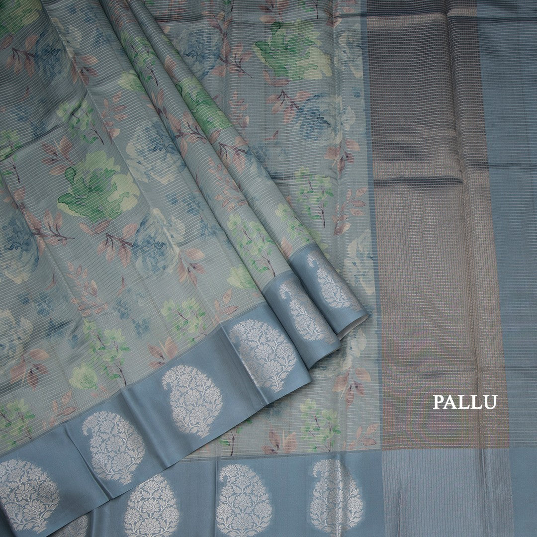 Raw Silk Sage Green Zari Stripes With Floral Printed Saree