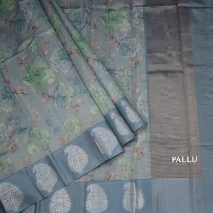Raw Silk Sage Green Zari Stripes With Floral Printed Saree