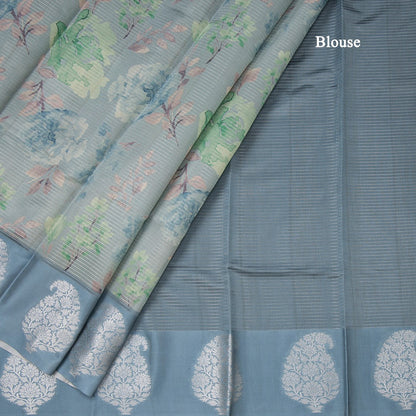 Raw Silk Sage Green Zari Stripes With Floral Printed Saree