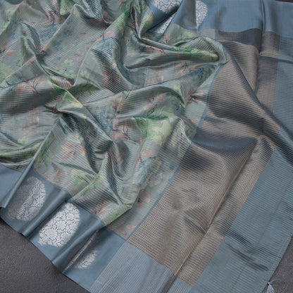 Raw Silk Sage Green Zari Stripes With Floral Printed Saree