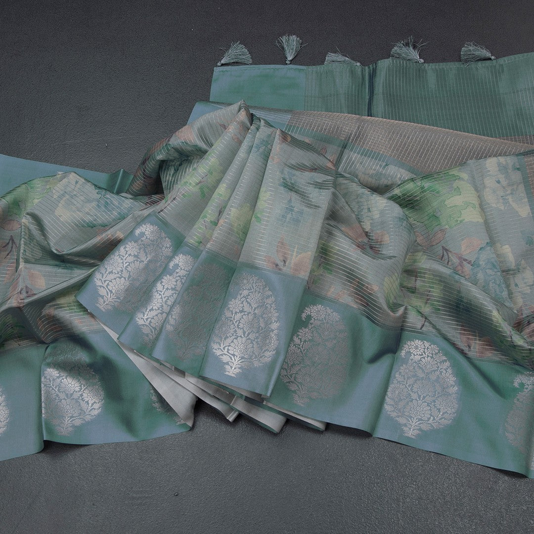 Raw Silk Sage Green Zari Stripes With Floral Printed Saree