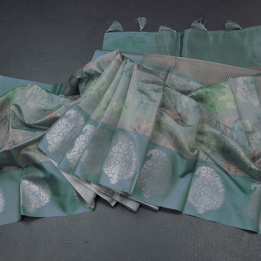 Raw Silk Sage Green Zari Stripes With Floral Printed Saree