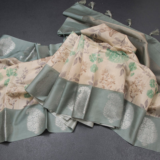 Raw Silk Cream Zari Stripes With Floral Printed Saree 04