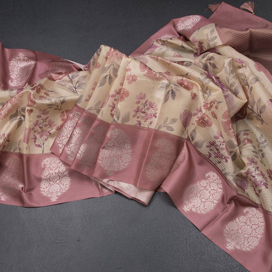 Raw Silk Cream Zari Stripes With Floral Printed Saree 05