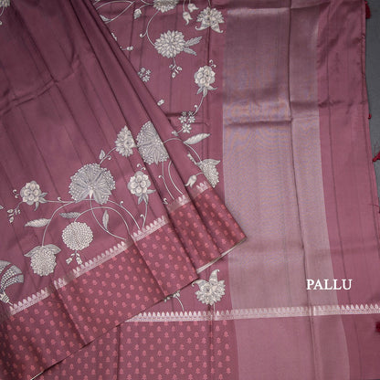 Raw Silk Wine Colour Floral Printed Saree